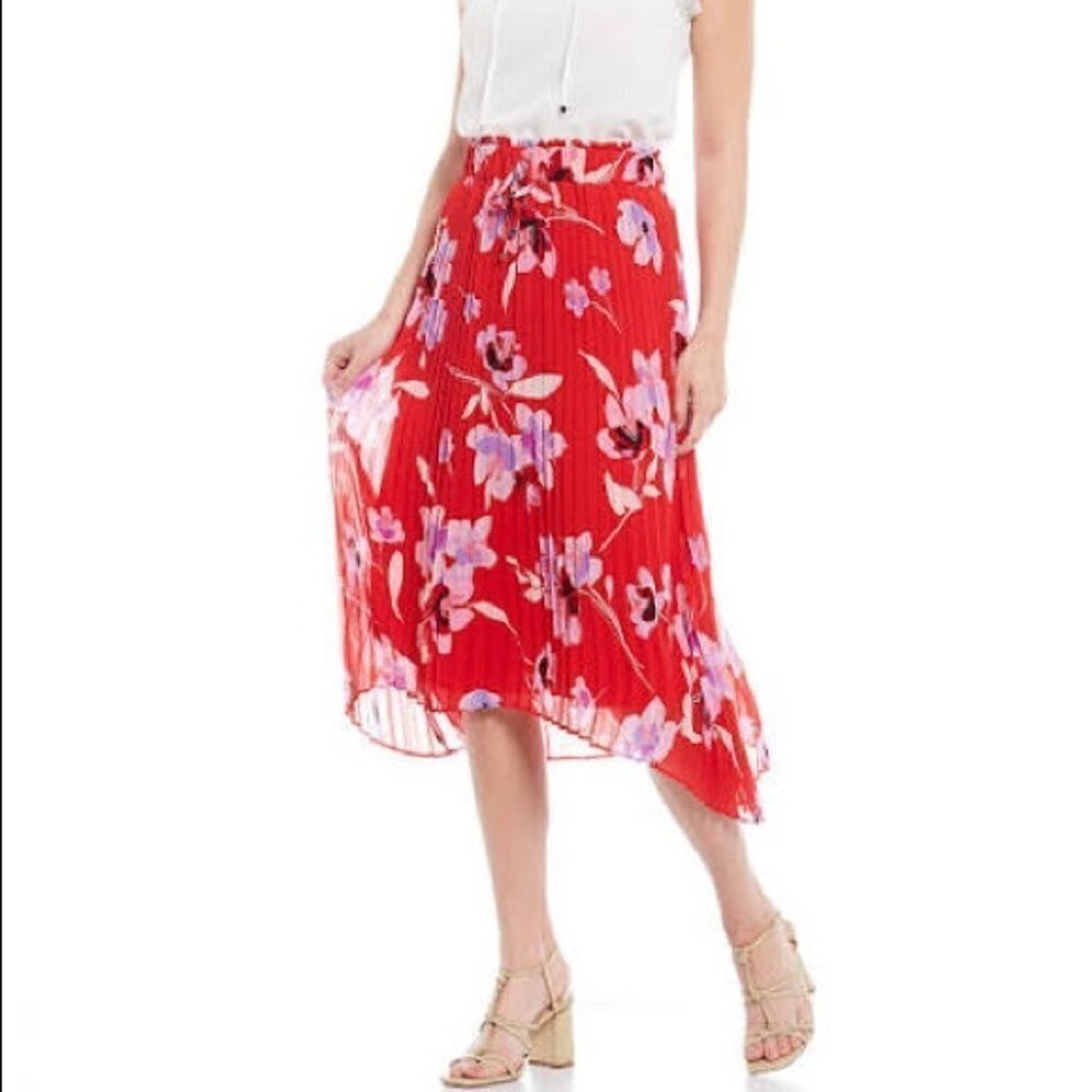 Calvin Klein Red Pleated Asymmetrical Midi Skirt XL